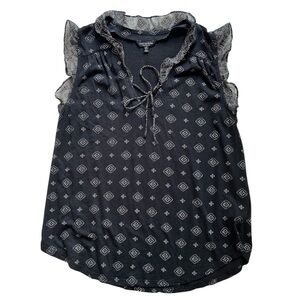 Black Sleeveless Top with ruffles and white pattern by Lucky Brand Sz Large